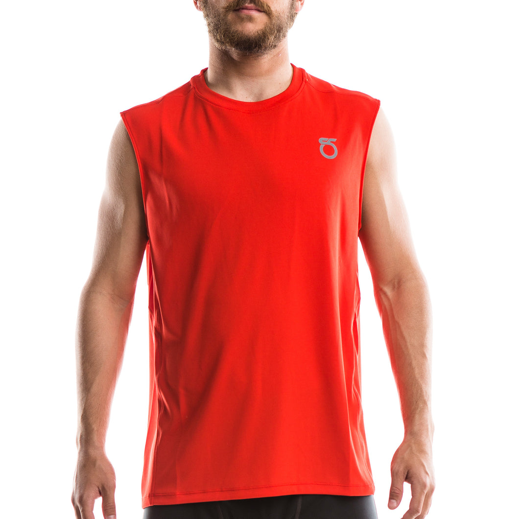 A picture of a man wearing a ‘Lava Red’-color Men’s Chalk Sleeveless Shirt from SeasonFive. 
