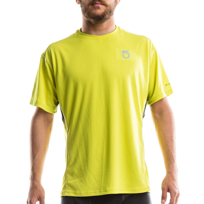 An image of a man wearing a ‘sulphur yellow’-colored Men’s Animas Short-Sleeve Shirt from SeasonFive. 
