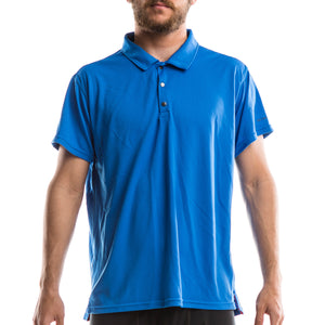 An image of a man wearing a ‘Neptune Blue’-colored Colorado Polo from SeasonFive. 